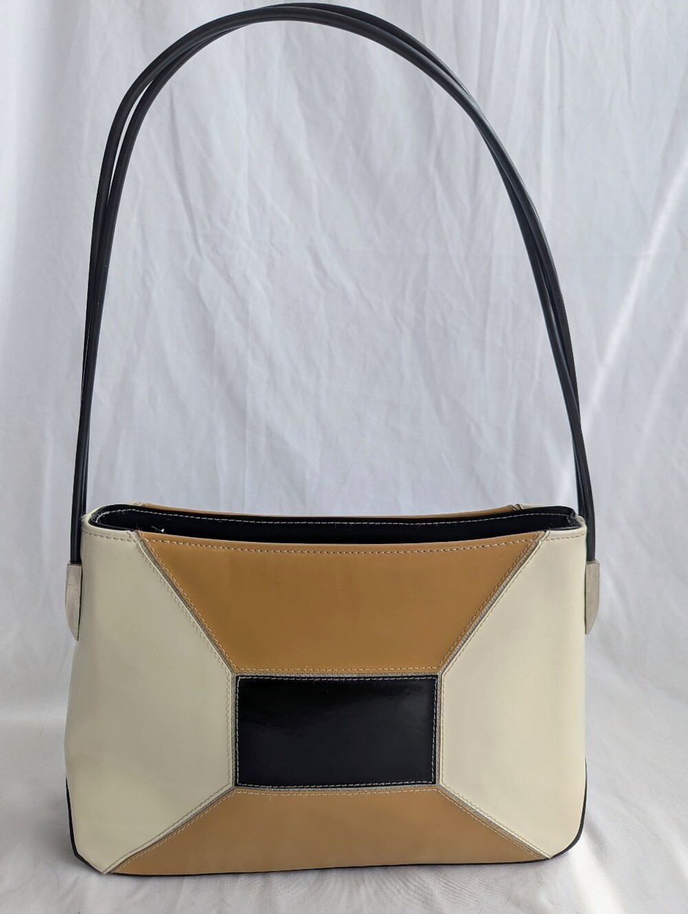 Vintage KGB Company Colorblock Shoulder Bag Cream Tan Black Geometric Purse